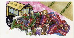  3boys 3girls absurdly_long_hair alternate_hairstyle black_hair black_hat blonde_hair blue_eyes brown_eyes brown_pants carriage closed_mouth commentary_request cross_scar dango facepaint falling_petals flute food glasses green_kimono green_pants grey_hair hands_in_opposite_sleeves hat heian hikimayu hiraga_genuchi hitenmaru_(jaja-hime_buyuuden) holding holding_flute holding_food holding_instrument instrument jaja-hime jaja-hime_buyuuden japanese_clothes kanmuri_(headwear) karaginu_mo kariginu kimono kinutani_yuu layered_kimono lipstick long_hair looking_at_viewer makeup mizuchimaru_(jaja-hime_buyuuden) multicolored_hair multiple_boys multiple_girls official_art one_eye_closed open_mouth ox-driven_carriage painting_(medium) pants petals playing_flute playing_instrument ponytail purple_kimono purple_pants red_kimono red_lips sandals scar scar_on_cheek scar_on_face short_hair smile socks standing tabi tate_eboshi traditional_media transverse_flute ugetsu-hime umekawa_(jaja-hime_buyuuden) very_long_hair wagashi walking watercolor_(medium) white_socks zouri 
