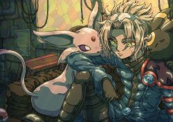  1boy :3 black_fur blonde_hair blue_coat closed_eyes closed_mouth coat espeon eyewear_on_head forehead_jewel forked_tail gloves highres indoors jacket onamuzi_illust pants pink_fur poke_ball poke_ball_(basic) pokemon pokemon_(creature) pokemon_colosseum short_hair sitting sweatdrop tail umbreon violet_eyes wes_(pokemon) wire yellow_eyes 