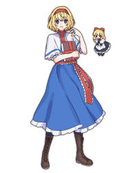  1girl absurdres alice_margatroid blonde_hair blue_dress blue_eyes book boots brown_boots capelet commentary_request dress frilled_hairband frills full_body grimoire grimoire_of_alice hairband highres holding holding_book jewelry knee_boots lace-up_boots looking_at_viewer nnn_lu one-hour_drawing_challenge puppet_rings red_hairband red_sash ring sash shanghai_doll short_hair simple_background solo touhou waist_sash white_background white_capelet 
