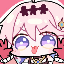  1girl :p colored_inner_hair commentary denia_(wuthering_waves) gloves hair_ornament hands_up long_hair multicolored_hair pink_background pink_hair purple_hair red_gloves simple_background solo tongue tongue_out twomoon violet_eyes wuthering_waves 