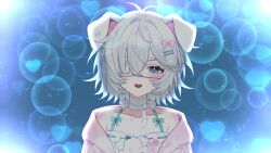  :d absurdres ahoge animal_ears aqua_bow aqua_eyes aqua_shirt artist_request bow buttons character_request collarbone dog_ears eyepatch grey_hair hair_bow hair_ornament hairclip heart highres holding holding_toy indie_virtual_youtuber jacket medical_eyepatch off_shoulder pink_bow pink_jacket shirt short_hair smile star_(symbol) toy virtual_youtuber white_bow 