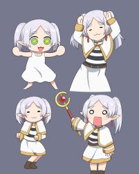  +_+ 1girl :3 =_= caramelldansen_(meme) chibi commentary danjo_(tarou) elf frieren highres holding holding_staff ievan_polkka_(vocaloid) meme niconico paffendorf parody pointy_ears simple_background sousou_no_frieren staff suwaneko twintails 