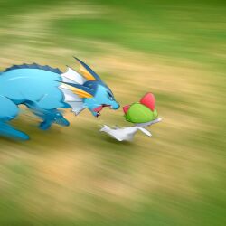  absurdres black_sclera chasing colored_sclera colored_skin commentary english_commentary fangs fins grass head_fins highres indoors khyle. motion_blur motion_lines multiple_others no_humans open_mouth outdoors pokemon pokemon_(creature) ralts running tail tongue tongue_out vaporeon white_skin 
