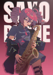  1girl ahoge black_bow black_shirt black_skirt blurry bow collared_shirt commentary cowboy_shot drill_hair egh_(ssquan) english_text fingernails hair_between_eyes hair_bow hair_intakes highres holding holding_instrument holding_saxophone instrument kasane_teto nail_polish necktie playing_instrument playing_saxophone pleated_skirt red_background red_eyes red_hair red_nails red_necktie saxophone shirt short_sleeves sidelocks simple_background skirt solo thigh_strap twin_drills utau wing_collar 