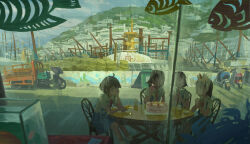  4girls absurdres ahoge birthday_cake blue_skirt boat brown_hair building cake chair chinese_paper-cut commentary_request crown cup day faceless faceless_female fish food glass hair_ornament hairclip hand_on_own_face harbor highres hill house leaf motor_vehicle multiple_girls necktie original outdoors painterly red_necktie reflection road scenery school_uniform scooter shanchi shirt short_hair short_sleeves sitting skirt suspender_skirt suspenders table town tricycle watercraft white_shirt window 