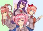  4girls blue_eyes blue_skirt blush bow breasts brown_hair closed_mouth doki_doki_literature_club eyebrows_visible_through_hair green_eyes hair_bow hair_ornament large_breasts lips long_hair looking_at_viewer monika_(doki_doki_literature_club) multiple_girls natsuki_(doki_doki_literature_club) open_mouth pink_eyes pink_hair pleated_skirt ponytail purple_eyes purple_hair red_bow sayori_(doki_doki_literature_club) short_hair skirt smile solo watachan193 white_bow x_hair_ornament yuri_(doki_doki_literature_club) 