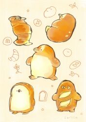  ._. absurdres animal animal_focus baguette bird bread bread_slice commentary_request croissant food food-themed_creature highres melon_bread no_humans original penguin simple_background tasoema416 yellow_background 