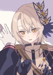  2girls against_wall aiguillette black_coat black_gloves blonde_hair coat commentary_request crossed_bangs curtained_hair diamond_hair_ornament epaulettes gloves hair_between_eyes hair_ornament hasumi_leia hato_ba high_collar highres long_sleeves looking_at_viewer mahou_shoujo_no_majo_saiban multiple_girls nikaido_hiro pov pov_hands sash short_hair shoulder_sash solo_focus upper_body white_gloves yellow_eyes 