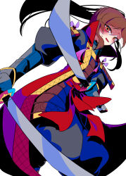  1boy absurdres armor brown_hair commentary_request dual_wielding gloves grey_gloves grey_pants highres holding holding_sword holding_weapon japanese_armor jinbaori konyak9konnya9 kusazuri long_hair looking_at_viewer male_focus multiple_swords nervous_sweating open_mouth pants ponytail sekaiju_no_meikyuu sekaiju_no_meikyuu_3 shogun_(sekaiju) shogun_1_(sekaiju) sidelocks simple_background smile solo sweat sword weapon white_background yellow_eyes 
