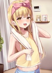  1girl armpit_crease bare_arms blonde_hair blue_pants blush bow collarbone commentary_request curtains dripping drying drying_hair drying_own_hair facing_to_the_side fang flat_chest fujita_kotone gakuen_idolmaster hair_between_eyes hair_bow hand_up idolmaster long_hair looking_at_viewer midriff_peek minazuki_(uraha246) navel open_mouth pants picture_frame pink_bow plant potted_plant producer_(idolmaster) shelf skin_fang sleeveless tank_top thermostat towel towel_around_neck yellow_eyes yellow_tank_top 