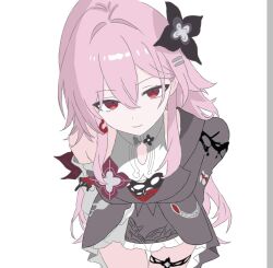  1girl black_dress black_flower dress evernight_(honkai:_star_rail) flower from_above hair_between_eyes hair_flower hair_ornament highres honkai:_star_rail honkai_(series) long_hair march_7th_(honkai:_star_rail) pink_hair red_eyes solo torippi7777 white_background 