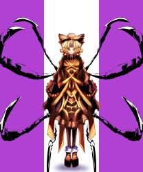  1girl 6chimomai absurdres adapted_costume arthropod_girl arthropod_limbs blonde_hair boots bow brown_boots brown_bow brown_dress brown_pantyhose closed_mouth commentary_request dress extra_eyes fangs full_body hair_bow hair_bun highres kurodani_yamame long_sleeves looking_at_viewer monster_girl orange_eyes pantyhose purple_background skin_fangs smile solo spider_girl touhou two-tone_background white_background 