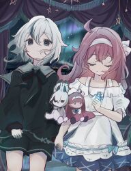  2girls aged_down ahoge arlecchino_(genshin_impact) aura bare_shoulders black_bow black_bowtie black_eyes black_hair black_shirt black_shorts blue_bow blue_sky bow bowtie child clervie_(genshin_impact) closed_eyes closed_mouth cowboy_shot curtains dress dress_bow empty_eyes eyelashes floating_hair frills genshin_impact hair_between_eyes hair_bow hairband highres holding holding_hands holding_jewelry holding_necklace jewelry long_hair long_sleeves looking_up mountain multicolored_hair multiple_girls necklace night odaikon_23 off-shoulder_dress off_shoulder outdoors peruere_(genshin_impact) pink_hair puffy_long_sleeves puffy_short_sleeves puffy_sleeves railroad_tracks red_pupils sailor_collar shirt short_hair short_sleeves shorts sky smile standing star_(sky) star_(symbol) starry_sky stuffed_animal stuffed_rabbit stuffed_toy symbol-shaped_pupils teeth train two-tone_hair white_bow white_dress white_hair white_hairband x-shaped_pupils 