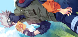  2boys black_gloves black_headband book carnelian commentary_request fingerless_gloves flak_jacket forehead_protector gloves green_vest grey_hair hatake_kakashi headband headband_over_one_eye holding holding_book icha_icha_(naruto) jacket konohagakure_shinobi_uniform male_focus mask mouth_mask multiple_boys naruto_(classic) naruto_(series) one_eye_covered orange_jacket sideways signature vest 