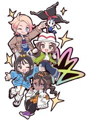  2boys 2girls :d ahoge bell-bottoms black_hair black_pants blonde_hair blue_eyes blue_hoodie blue_shirt blue_shoes brown_eyes brown_hair brown_jacket collared_shirt commentary_request cube_hair_ornament dark-skinned_male dark_skin dreadlocks earclip floette floette_(eternal) full_body green_jacket green_necktie grey_eyes hair_ornament harmony_(pokemon) hat highres hood hoodie jacket kino_haruc leggings lida_(pokemon) long_hair long_sleeves looking_at_viewer multiple_boys multiple_girls naveen_(pokemon) necktie one_eye_closed open_clothes open_jacket open_mouth orange_sweater_vest orange_vest pants pink_hair pokemon pokemon_(creature) pokemon_legends:_z-a purple_shoes ribbed_socks shirt shoes short_hair simple_background smile socks standing striped_hat sweater_vest team_mz_logo topknot two-tone_legwear urbain_(pokemon) v vest white_background white_hat white_jacket white_leggings white_shirt wispy_bangs 