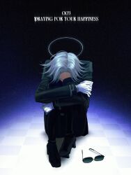  1boy aotsuki_eito armband black_boots black_jacket black_pants boots commentary covering_face curled_up english_commentary english_text film_grain geta gloves grey_hair halo highres hugging_own_legs jacket last_defense_academy_school_uniform male_focus pants ropi_(gmkr_66) school_uniform short_hair solo spotlight sunglasses sweat the_hundred_line_-last_defense_academy- white_armband white_gloves 