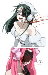  2girls ? alien_stage bandana black_hair blood blood_from_neck blood_spray bow commentary dress hair_bow headset heart highres microphone mizi_(alien_stage) mizi_(zombie_stage) multiple_girls pink_bow pink_hair rinami456 spoken_question_mark strapless strapless_dress sua_(alien_stage) sua_(zombie_stage) violet_eyes white_bandana white_dress zombie_stage 