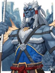  1boy 5tatsu animal_earrings animal_nose artist_name beard blue_fur border braid broken_horn chest_strap claws commentary_request facial_hair final_fantasy final_fantasy_x furry furry_male grey_hair highres holding holding_polearm holding_weapon horns kimahri_ronso long_hair male_focus multiple_braids polearm portrait rope_belt sidelocks single_horn slit_pupils solo upper_body weapon white_border yellow_eyes 