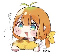  1girl :3 :d antenna_hair blunt_bangs blush_stickers commentary_request cropped_torso double-parted_bangs drooling food hair_between_eyes hair_ribbon highres holding holding_food kyarot_(trickcal) long_hair mouth_drool open_mouth orange_hair ribbon sasetunoyu shirt signature simple_background smile solo trickcal white_background white_shirt yellow_ribbon 