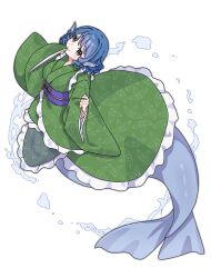  1girl absurdres blue_eyes blue_hair breasts commentary_request drill_hair drill_sidelocks fins frilled_kimono frills full_body green_kimono head_fins highres japanese_clothes kimono long_sleeves looking_at_viewer medium_breasts merfolk mermaid monster_girl nnn_lu obi one-hour_drawing_challenge purple_sash sash sidelocks simple_background solo touhou wakasagihime white_background wide_sleeves 
