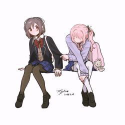 1girl 1other akiyama_mizuki artist_name bag black_jacket black_shoes blush bow braid brown_eyes brown_hair clothes_grab collared_shirt commentary dated grabbing_another's_sleeve highres invisible_chair jacket kamiyama_high_school_uniform_(project_sekai) kyline lapels layered_clothes layered_sleeves long_hair long_sleeves looking_at_another notched_lapels pantyhose pink_bag pink_hair plaid_clothes plaid_skirt project_sekai red_bow school_uniform shinonome_ena shirt shoes side_ponytail sidelocks simple_background single_braid sitting skirt stuffed_animal stuffed_toy teddy_bear thigh-highs untranslatable_commentary white_thighhighs 
