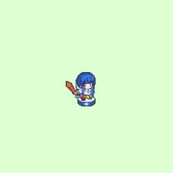  1girl blue_hair blue_skirt commentary_request cooking_(cooking72947581) food-themed_hair_ornament full_body green_background hair_ornament highres hinanawi_tenshi holding holding_sword holding_weapon hood hood_down hoodie looking_at_viewer missing_headwear peach_hair_ornament pixel_art red_eyes simple_background skirt solo sword touhou weapon white_hoodie 
