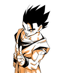  amayuki318 black_hair collarbone commentary_request dragon_ball dragon_ball_z from_above hair_over_one_eye highres muscular muscular_male orange_dougi partially_colored pectorals simple_background sleeveless smile son_gohan spiky_hair talking thick_eyebrows thick_neck undershirt v white_background wristband 