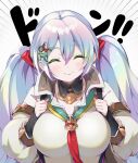  1girl bangs blush breasts closed_eyes cupitan_(granblue_fantasy) granblue_fantasy highres large_breasts long_hair long_sleeves looking_at_viewer neckerchief pilokey puffy_long_sleeves puffy_sleeves shirt silver_hair smile solo translation_request twintails white_shirt 