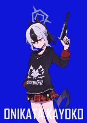  1girl absurdres bare_legs black_choker black_hair black_hoodie black_horns black_wings blue_archive blue_background character_name choker closed_mouth commentary_request cowboy_shot grey_halo gun h&amp;k_p30 hair_between_eyes halo hand_in_pocket handgun highres holding holding_weapon hood hoodie horns kayoko_(blue_archive) looking_at_viewer multicolored_hair plaid_clothes plaid_skirt ponytail red_eyes red_skirt sidelocks simple_background single_wing skirt solo two-tone_hair user_vwps3352 weapon white_hair wings 