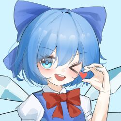  >_o 1girl blue_background blue_bow blue_eyes blue_hair blue_vest blush bow bowtie chinese_commentary cirno collared_shirt commentary_request detached_wings gan_cao_xuan_mi_su hair_bow heart highres ice ice_wings looking_at_viewer one_eye_closed open_mouth puffy_short_sleeves puffy_sleeves red_bow red_bowtie shirt short_sleeves simple_background smile solo teeth touhou upper_body upper_teeth_only vest white_shirt wings 