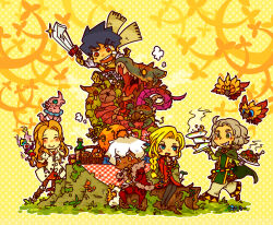  2girls 3boys alchemist_(sekaiju) alchemist_4_(sekaiju) bard_(sekaiju) bard_3_(sekaiju) basket blonde_hair blue_eyes blue_hair bottle coat creature dark-skinned_male dark_hunter_(sekaiju) dark_hunter_3 dark_skin eating full_body fur_jacket green_eyes grey_hair grin holding holding_plate hypnosis_owl_(sekaiju) jacket long_hair medic_(sekaiju) medic_4_(sekaiju) monster motimamire multiple_boys multiple_girls plate red_coat red_jacket scarf sekaiju_no_meikyuu sekaiju_no_meikyuu_1 sitting smile swordsman_(sekaiju) swordsman_1_(sekaiju) teeth upper_teeth_only walking white_coat yellow_scarf 