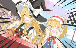  >_< 6+girls absurdres alice_margatroid black_hat black_vest blonde_hair blue_dress blush bow braid capelet chinese_commentary cirno commentary_request dress driving flandre_scarlet frilled_hairband frills gan_cao_xuan_mi_su hair_bow hairband hakurei_reimu hat hat_bow highres hong_meiling ibuki_suika inaba_tewi izayoi_sakuya kana_anaberal kirisame_marisa koakuma kochiya_sanae lily_white long_hair multiple_girls mystia_lorelei open_mouth patchouli_knowledge puffy_short_sleeves puffy_sleeves red_hairband remilia_scarlet saigyouji_yuyuko short_sleeves side_braid single_braid touhou touhou_(pc-98) vest white_bow white_capelet witch_hat wriggle_nightbug yellow_eyes 