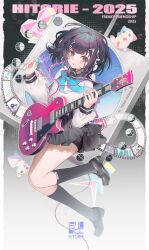  1girl 2025 :d absurdres black_eyes black_hair black_sailor_collar black_skirt black_socks blue_neckerchief blunt_bangs brown_shoes crop_top dot_nose eyelashes film_strip full_body guitar hair_ornament hairclip highres holding holding_guitar holding_instrument holding_plectrum instrument kneehighs loafers long_sleeves looking_to_the_side makeup moriyama_meiko neckerchief original parted_lips pleated_skirt plectrum rouge_(makeup) sailor_collar school_uniform shirt shoes short_hair skirt smile socks solo striped_clothes striped_socks white_shirt 