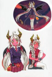  1girl absurdres ahoge black_gloves braid braided_ponytail clover_hair_ornament colored_skin demon_girl demon_horns demon_tail demon_wings dice fingerless_gloves fire flame-tipped_tail from_behind game_asset gloves grey_hair hair_ornament highres horns imakuni_(vtuber) indie_virtual_youtuber jacket looking_at_viewer multicolored_hair multiple_views necktie orange_eyes playing_games pointy_ears purple_jacket red_hair red_necktie red_shirt red_skin red_skirt red_streaks shirt shorts skirt smile streaked_hair tail thigh-highs thighs traditional_media twintails uzikowa virtual_youtuber white_background white_thighhighs wings 