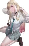  1girl bangs blazpu blonde_hair blue_necktie choker colored_tips ear_piercing gradient_hair highres loafers long_hair multicolored_hair necktie original piercing pink_hair red_eyes shirt shoes sitting skirt sleeves_rolled_up socks solo tongue wariza white_background white_shirt 