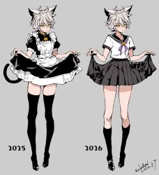  1boy 2025 2026 alternate_costume androgynous animal_ears apron black_skirt black_socks black_thighhighs cat_tail clothes_lift commentary_request crossdressing crossdressing_(mtf) dated dragon_quest dragon_quest_x fake_tail full_body grey_background highres himiko_(326ontheweb) loafers looking_at_viewer maid male_focus multiple_persona pleated_skirt puffy_short_sleeves puffy_sleeves raki_(dq10) school_uniform shoes short_hair short_sleeves signature skirt skirt_lift socks solo tail thigh-highs white_apron white_hair wolf_boy wolf_ears yellow_eyes zettai_ryouiki 