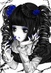  1girl absurdres averting_eyes black_eyes black_shirt blue_eyeshadow blue_flower blue_lips blue_nails blunt_bangs close-up commentary contrast_collar cosmetics cxxtipede english_commentary eyeshadow fingernails flower frilled_shirt_collar frills gothic_lolita hair_flower hair_ornament hands_up hat hat_flower highres holding holding_lipstick_tube jewelry layered_sleeves lipstick_tube lolita_fashion long_fingernails long_hair long_sleeves lying makeup on_stomach original parted_lips procreate_(medium) ring ringlets runny_makeup shirt short_over_long_sleeves short_sleeves sidelocks simple_background solo twintails white_background white_sleeves 