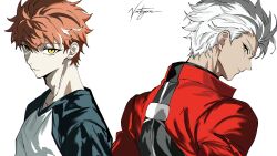  2boys archer_(fate) brown_eyes coat commentary dark-skinned_male dark_skin emiya_shirou fate/stay_night fate_(series) highres male_focus messy_hair multicolored_hair multiple_boys red_coat red_hair shi_draco shirt spiky_hair t-shirt white_hair yellow_eyes 