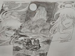  1other 2girls absurdres aiwass angel animal_ears black_shoes black_tail blank_eyes building canon_event cat_ears cat_tail character_name clenched_teeth closed_eyes closed_mouth clouds commentary coronzon_(toaru) english_commentary falling floating_hair full_moon graphite_(medium) greyscale guimpe hair_between_eyes halo high_heels highres laura_stuart long_hair long_sidelocks midair mina_mathers monochrome moon multiple_girls night outdoors rocket scene_reference shoes sidelocks sky skyscraper slit_pupils smirk smoke tail takeoff tatararashi teeth thigh-highs toaru_majutsu_no_index toaru_majutsu_no_index:_new_testament traditional_media v-shaped_eyebrows veil very_long_hair windowless_building_(toaru) 