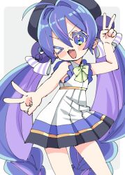  >_o 1girl :3 :d ;3 ;d absurdres ahoge bare_arms bare_shoulders black_hat blue_hair blush border bow bowtie colored_inner_hair commentary_request cowboy_shot dot_nose double-parted_bangs double_v dress fang green_bow green_bowtie grey_background hair_between_eyes hair_bow hair_intakes hand_up hat highres long_hair multicolored_hair one_eye_closed open_mouth otomachi_una otomachi_una_(sv) outside_border outstretched_arm pleated_dress purple_hair purple_streaks short_dress simple_background sleeveless sleeveless_dress smile solo standing streaked_hair striped_bow sukoyaka_(100hituzi) synthesizer_v twintails v v-shaped_eyebrows very_long_hair vocaloid white_border white_bow 