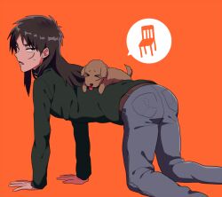  1boy all_fours belt black_eyes black_hair black_shirt brown_belt commentary_request dog feet_out_of_frame from_behind grey_pants itou_kaiji level_6chan long_hair long_sleeves looking_at_viewer male_focus open_mouth orange_background pants scar scar_on_cheek scar_on_face shirt simple_background solo tobaku_mokushiroku_kaiji 