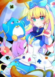  1girl absurdres apron bird black_ribbon blonde_hair blue_dress blue_gem blurry card character_request commentary_request copyright_request depth_of_field dress frilled_dress frills gem green_eyes hand_up highres konyak9konnya9 long_hair looking_at_viewer neck_ribbon parted_lips penguin playing_card ribbon solo white_apron 