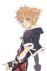  1boy attakaimizu7619 black_gloves black_jacket blue_eyes brown_hair closed_mouth commentary_request fingerless_gloves gloves hair_between_eyes highres jacket jewelry kingdom_hearts kingdom_hearts_ii light_smile male_focus necklace short_hair silver_necklace solo sora_(kingdom_hearts) spiky_hair upper_body white_background white_trim 