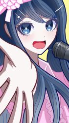  1girl blue_eyes blue_hair blush commentary_request danganronpa:_trigger_happy_havoc danganronpa_(series) eyelashes foreshortening hair_ornament hairclip long_hair maizono_sayaka microphone open_mouth oyasaitenpura reaching reaching_towards_viewer smile solo 