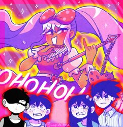  2girls 3boys alternate_eye_color antenna_hair aubrey_(headspace)_(omori) aubrey_(omori) black_hair black_tank_top blue_shirt blush bow bright_pupils brothers clenched_teeth closed_mouth collarbone colored_skin commentary double-parted_bangs dress english_commentary flail grey_eyes hair_between_eyes hair_bow hero_(headspace)_(omori) hero_(omori) highres holding holding_flail holding_weapon instagram_username kel_(headspace)_(omori) kel_(omori) long_hair looking_at_another looking_at_viewer multiple_boys multiple_girls ojou-sama_pose omori omori_(omori) open_mouth osulan outline pajamas pink_bow pink_dress pink_eyes pink_hair polka_dot polka_dot_bow puffy_short_sleeves puffy_sleeves red_outline shaded_face shirt short_hair short_sleeves siblings sidelocks smile striped_clothes striped_pajamas sweetheart_(omori) tank_top tearing_up teeth twintails vertical-striped_clothes vertical-striped_pajamas weapon white_pajamas white_pupils white_skin yellow_outline 