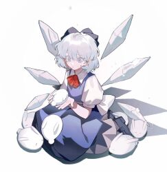  1girl blue_bow blue_eyes blue_sky blue_vest bow bowtie cirno collared_shirt detached_wings grey_hair hair_between_eyes hair_bow highres ice ice_wings ne2op puffy_short_sleeves puffy_sleeves red_bow red_bowtie shadow shirt short_hair short_sleeves simple_background sky snow_rabbit solo touhou vest white_background white_shirt wings 