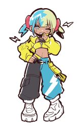  1girl aqua_hair bandeau blonde_hair blue_eyes canari_(pokemon) dark-skinned_female dark_skin full_body grey_eyes highres jacket kino_haruc long_sleeves looking_at_viewer mask mask_pull mouth_mask multicolored_hair navel one_eye_closed pants pokemon pokemon_legends:_z-a shoes simple_background solo split-color_hair standing twintails two-tone_hair two-tone_mask two-tone_pants white_background white_shoes yellow_bandeau yellow_jacket yellow_mask 