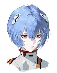  1girl ayanami_rei blue_hair bodysuit closed_mouth cropped_shoulders gggdqp3mq hair_between_eyes highres mecha_pilot_suit neon_genesis_evangelion plugsuit_(evangelion) red_eyes short_hair simple_background solo white_background white_bodysuit 