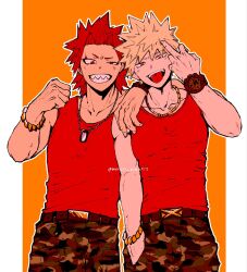  2boys arms_on_another's_shoulder bakugou_katsuki belt blonde_hair boku_no_hero_academia border camouflage camouflage_pants commentary_request dog_tags grin highres jewelry kirishima_eijiro looking_at_viewer male_focus meeco middle_finger multiple_boys necklace orange_background outline pants pillarboxed red_eyes red_hair red_tank_top sharp_teeth short_hair simple_background smile spiky_hair standing straight-on tank_top teeth tongue tongue_out twitter_username watch watch white_border white_outline 