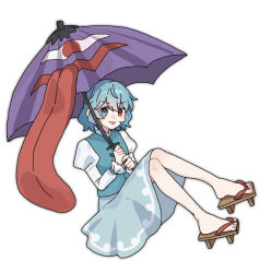  1girl blue_hair blue_skirt brown_shoes commentary_request full_body geta heterochromia highres holding holding_umbrella karakasa_obake looking_at_viewer nnn_lu one-hour_drawing_challenge purple_umbrella shoes short_hair simple_background skirt solo tatara_kogasa tongue tongue_out touhou umbrella white_background 
